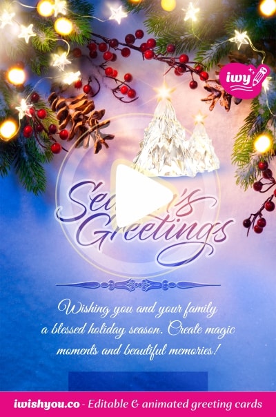 Blue Merry Christmas 2021 & Happy New Year 2022 greeting card (with editable text and animation) Season's Greetings inscription, christmas trees, lights, cones & branches - Image